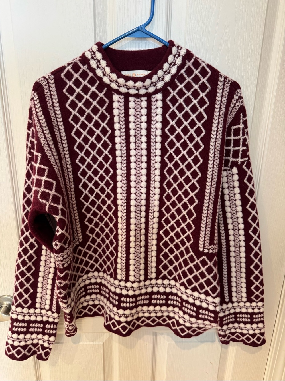 Tory Burch Merino Wool Geometric Sweater Burgundy Size S